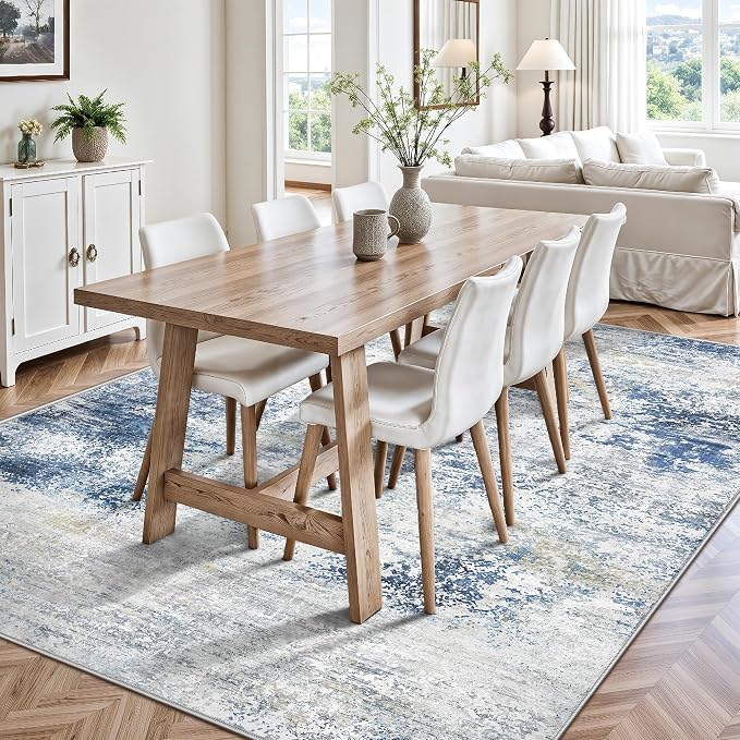 6x9 Area Rugs, Abstract Modern Ultra Soft Washable Rug, Non Slip Carpet with Rubber Back Stain Resistance Rugs for Living Room, Bedroom, Dining Room Decor(Blue & White)