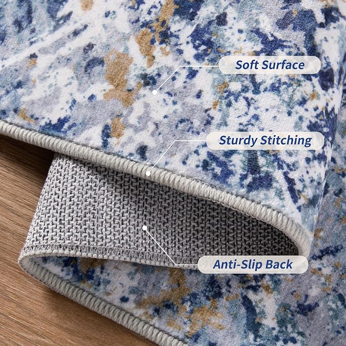 Tangsoo Abstract 4x6 Washable Rug, Modern Non Slip Rugs for Living Room | Contemporary Indoor Carpet, Soft Low Pile Floor 4X6 Area Rugs for Dining Room Bedroom Dorm Bedside Blue White Home Decor