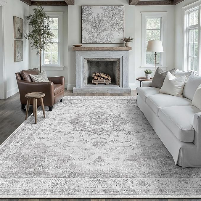 Grey 8x10 Washable Area Rug Living Room Vintage Oriental Carpet | Soft Low Pile, Non Slip, Stain Resistant, Floral Medallion, Neutral Retro Decor for Bedroom, Dining Room, Kids Room, Office