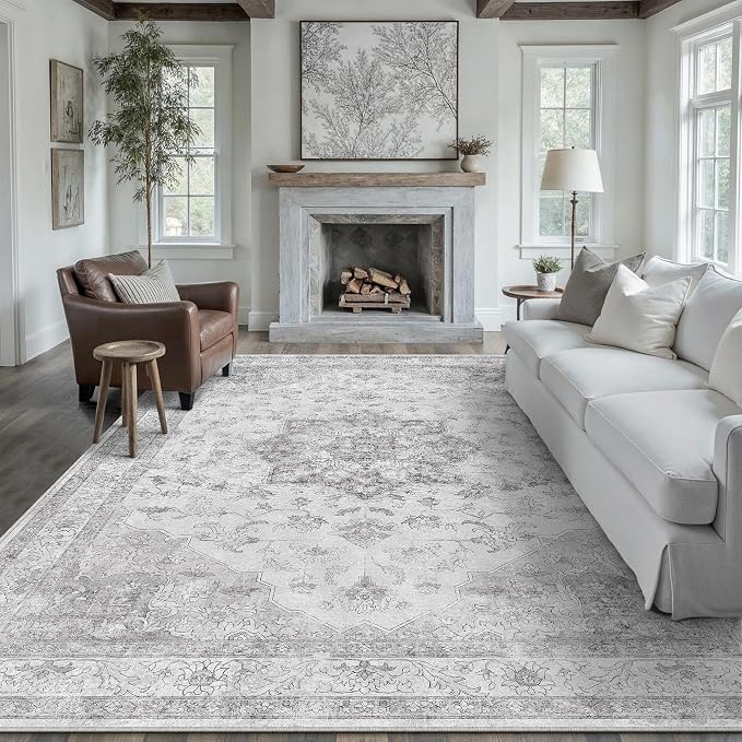 Grey 6x9 Washable Area Rug Living Room Vintage Oriental Carpet | Soft Low Pile, Non Slip, Stain Resistant, Floral Medallion, Neutral Retro Decor for Bedroom, Dining Room, Kids Room, Office