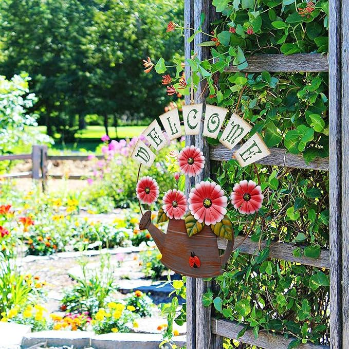 Metal Flower Welcome Sign Garden Decor Decorative Wall Hanging Plaque Sign Flower Decor Garden Hanging Welcome Sign Home Porch Door Decoration (Daisy flower)