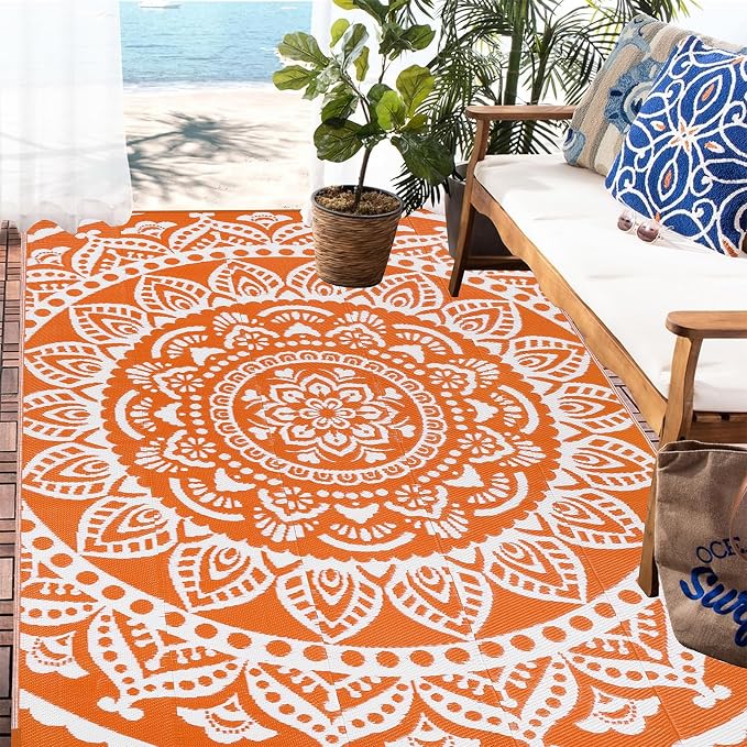 Bsmathom Waterproof Outdoor Rug 6'x9' Reversible Boho Plastic Straw Patio Deck Camping Rugs, Indoor Outdoor Portable RV Mat Clearance Carpet for Outside, Porch, Balcony, Backyard, Beach, Pool,Orange