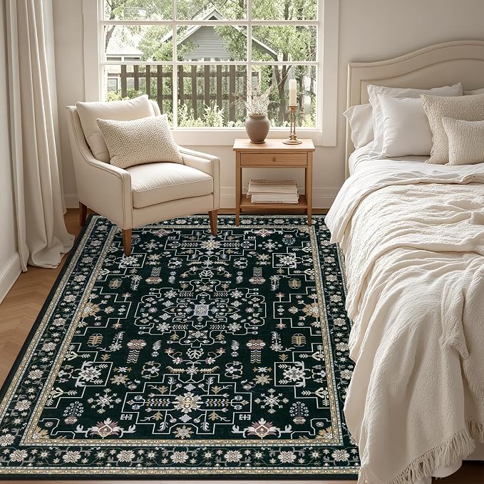 6x9 Area Rugs Living Room: Washable Vintage Rug for Bedroom Black | Boho No Slip Stain Resistant Rug Soft Indoor Decor Floor Floral 6x9 Area Rugs for Dining Room, Nursery, Hallway, Home Office