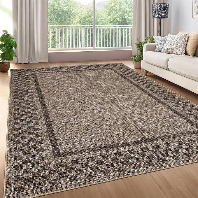 GarveeHome Machine Washable 5x7 Area Rugs Modern Bordered Living Room Rug | Non Slip Checkered Geometric Bedroom Throw Carpet Soft Neutral Rugs for Dining Room Nursery Home Office, Brown