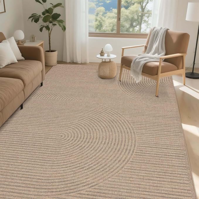 Easy Jute Rug 6x9 Outdoor: Natural Area Rugs for Patio Linen-Look Fabric Durable - Neutral Washable Carpet for Living Room Bedroom - Swirl Curved Pattern