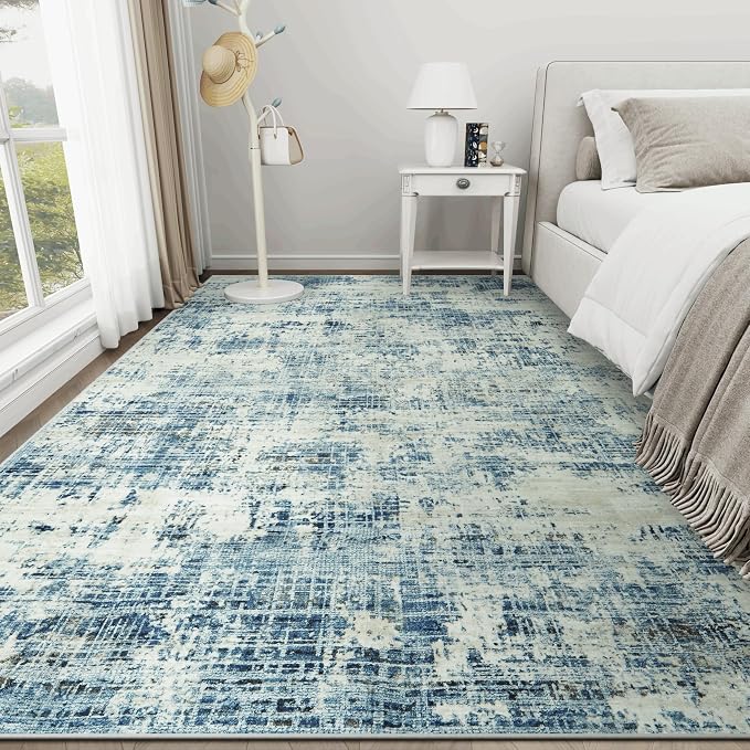 6x9 Washable Area Rug for Living Room Bedroom: Non-Slip Modern Blue Gray | Machine Washable TPR Backing, Stain-Resistant Low Pile, Pet & Kid Friendly, Abstract Decor for Dining Room, Dorm, Home Office