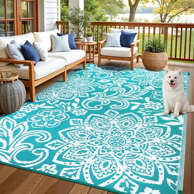 Findosom Waterproof Outdoor Rug 6' x 9' - Reversible Mandala Outdoor Plastic Straw Rug, Durable Foldable Patio Rug for RV, Deck, Balcony, Backyard, Picnic, Porch, Camping, Beach, Blue