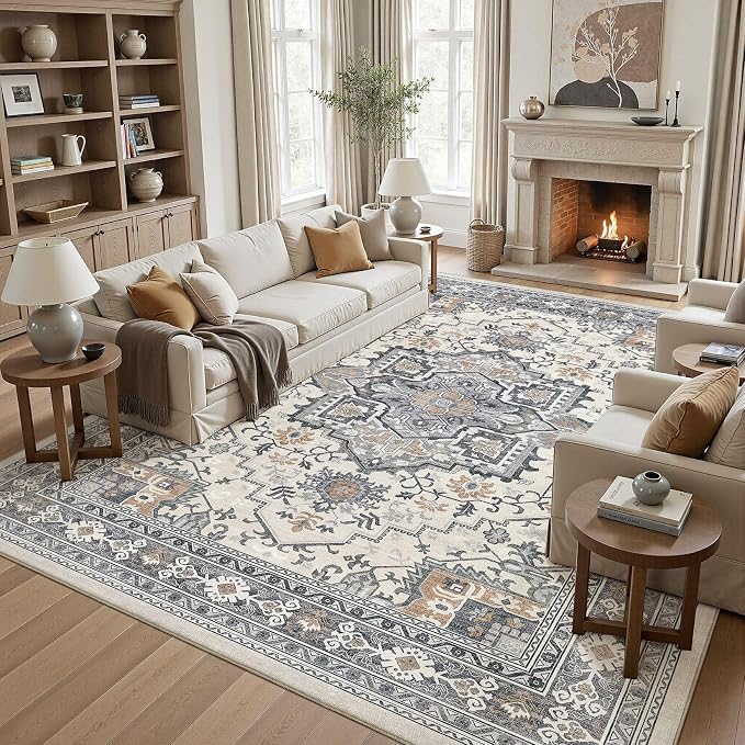 UERMEI 10x12 Area Rug Living Room Rugs - Washable Vintage Soft Large Rug Indoor Floor No Slip Rug Carpet for Bedroom Farmhouse Under Dining Table Home Office Decor - Grey-Orange