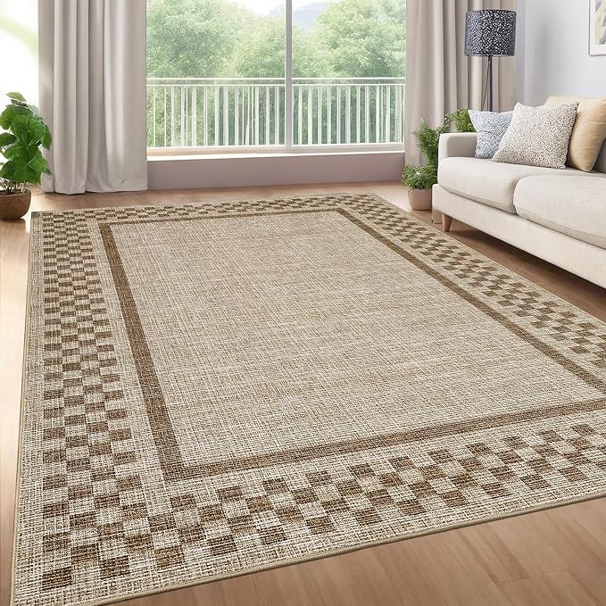 GarveeHome Modern Bordered 8x10 Washable Area Rugs for Living Room Bedroom | Soft Large Bedroom Throw Carpet Non Slip Checkered Geometric Rugs for Dining Room Home Decor Office, Taupe