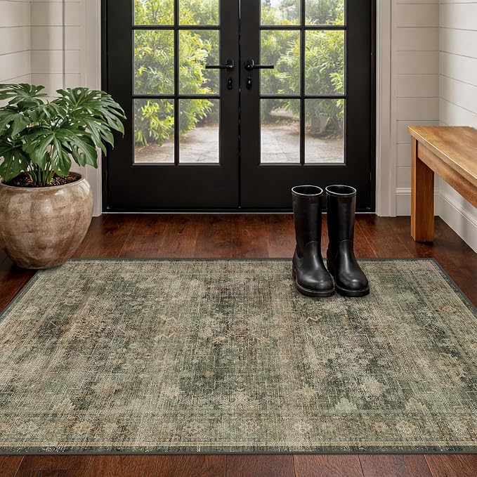 Vintage Moss Green 3x5 Area Rug for Entryway, Kitchen, Bedroom & Laundry Room, Dark Academia Distressed Geometric Carpet, Washable, Low Pile Anti-Slip Backing, Stain & Fade Resistant