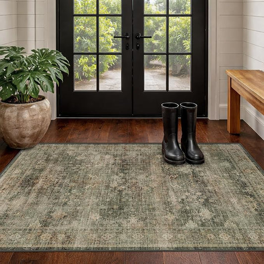 Vintage Moss Green 3x5 Area Rug for Entryway, Kitchen, Bedroom & Laundry Room, Dark Academia Distressed Geometric Carpet, Washable, Low Pile Anti-Slip Backing, Stain & Fade Resistant