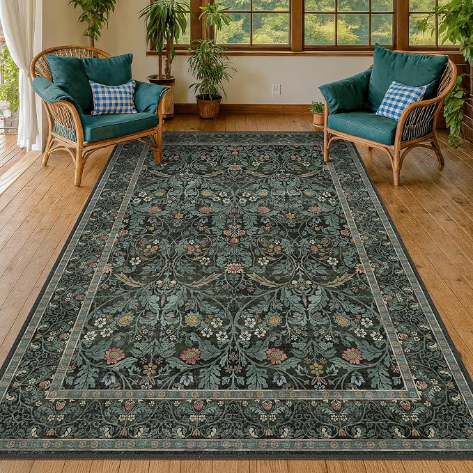 Washable Rugs for Living Room Dining Room 6x9 Stain Resistant - Non Skid Floral Area Rug, Low Pile & Soft Bedroom Under Bed Carpet, Botanical Funky Dark Green Mats