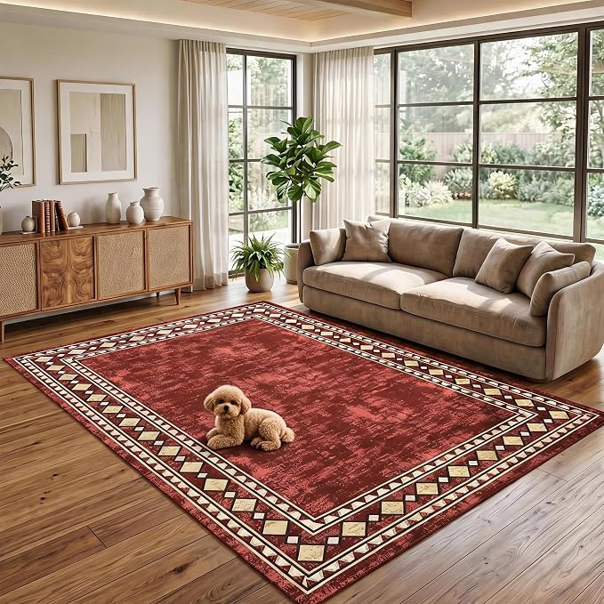 Garvee 8x10 Vintage Border Washable Rugs for Living Room Bedroom Rug, Red | Boho Area Rug Stain Resistant Easy Cleaning Throw Rugs Low Pile Floor Cover for Nursery Dining Room Apartment