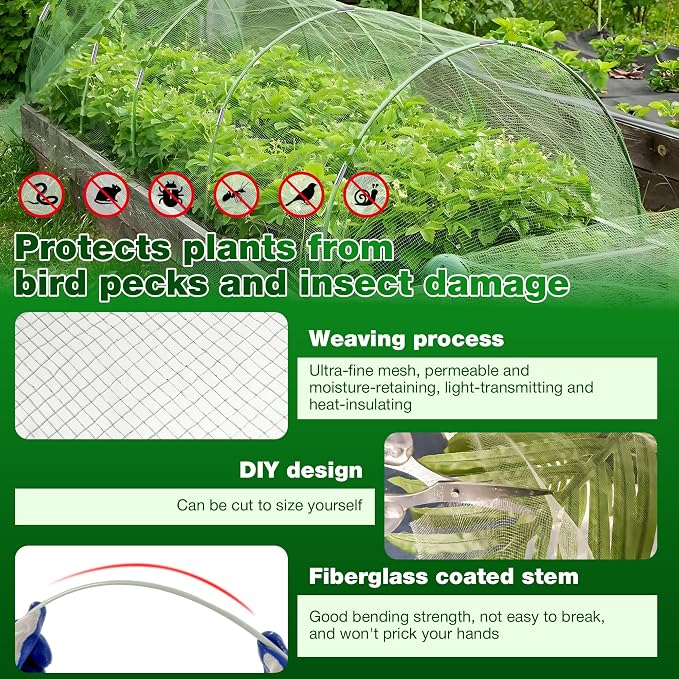 Garden Mesh Netting Kit, 2 Pieces 10x33FT Netting, 100 Hoops 80 Connectors 72 Clips 1 Pair Gloves, Protection for Plant Vegetable Fruits Flowers Greenhouse