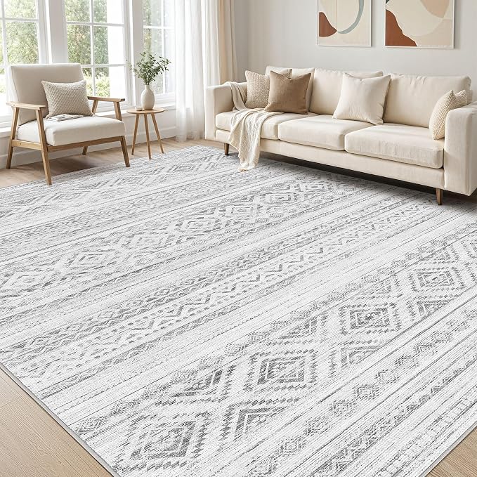 cotiled Boho 9x12 Area Rug for Living Room: Large Moroccan Washable Rug | Stain Resistan Carpet for Bedroom Farmhouse Dining Room Grey