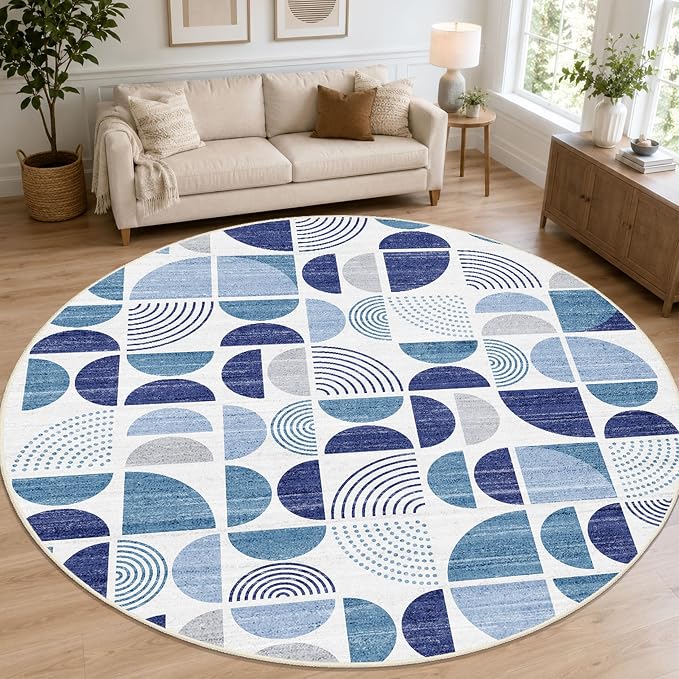 Round Rugs 9ft,Circle Area Rug Washable Non Slip Modern Abstract | Large Circular Rugs for Living Room Dining Room Boho Throw Carpet Soft Low Pile Floor Indoor Bohemian Navy Blue