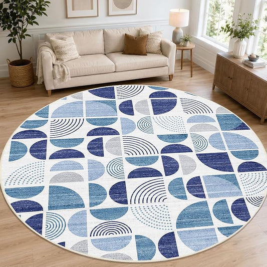 Round Rugs 9ft,Circle Area Rug Washable Non Slip Modern Abstract | Large Circular Rugs for Living Room Dining Room Boho Throw Carpet Soft Low Pile Floor Indoor Bohemian Navy Blue