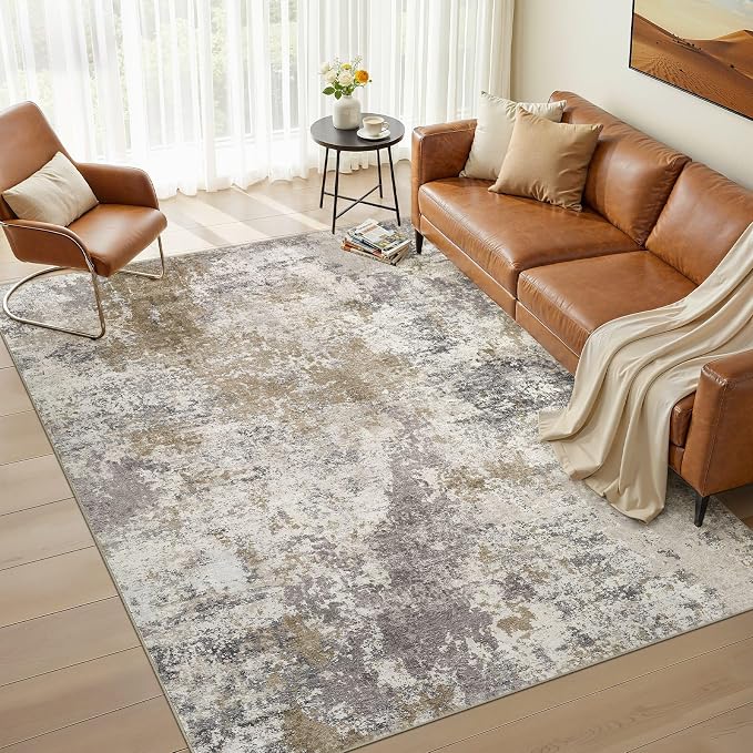 Nakagishi 6X9 Abstract Washable Area Rugs for Living Room-Brown Grey | Modern Non-Slip Silicone Backing Low Pile Soft Carpet for Bedroom Dining Decor for Families with Kids and Pets