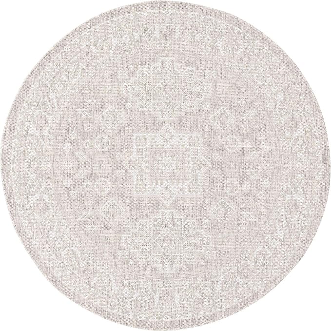 Unique Loom Outdoor Aztec Collection Area Rug - Chalca (5' 3" Round, Light Gray/ Ivory)