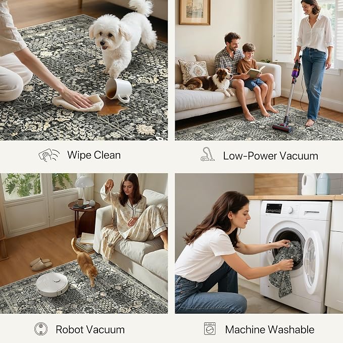 2.5x7 Kitchen Runner Rug, Washable Non Slip, Black | Vintage Floral Design, Spill Resistant Lightweight Low Pile Carpet for Hallway, Bedroom, Laundry Room, Bathroom