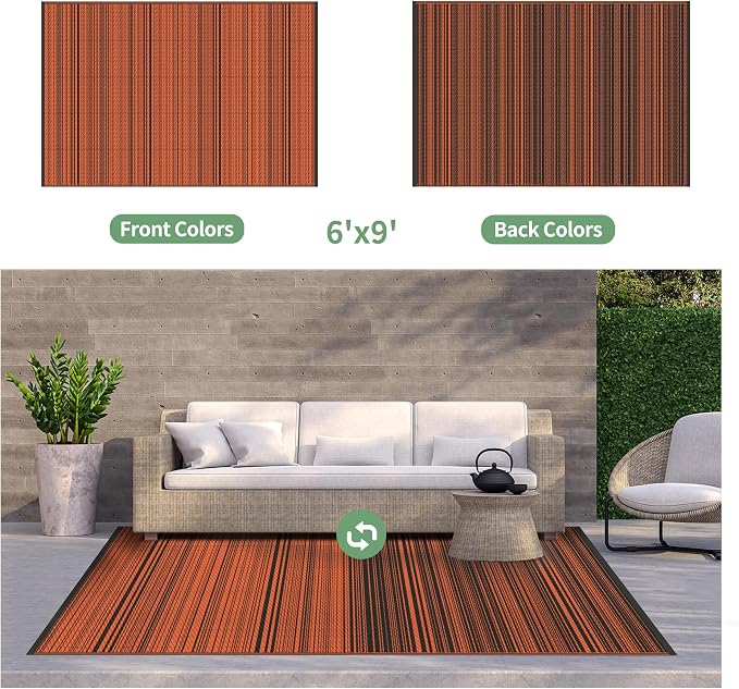 GENIMO Outdoor Rug for Patio Clearance,6'x9' Waterproof Mat, Reversible Plastic Camping Rugs, Rv, Deck, Porch, Camper, Balcony, Backyard (Orange & Black)