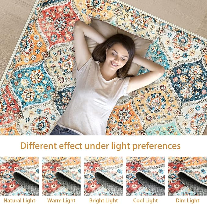 ROYHOME Washable Area Rug Moroccan Trellis Distressed Area Rugs, 3' x 5' | Stain Resistant Non-Slip Floor Carpet Vintage Medallion Accent Rug Farmhouse Floor Cover for Dining Room Bedroom, Cream