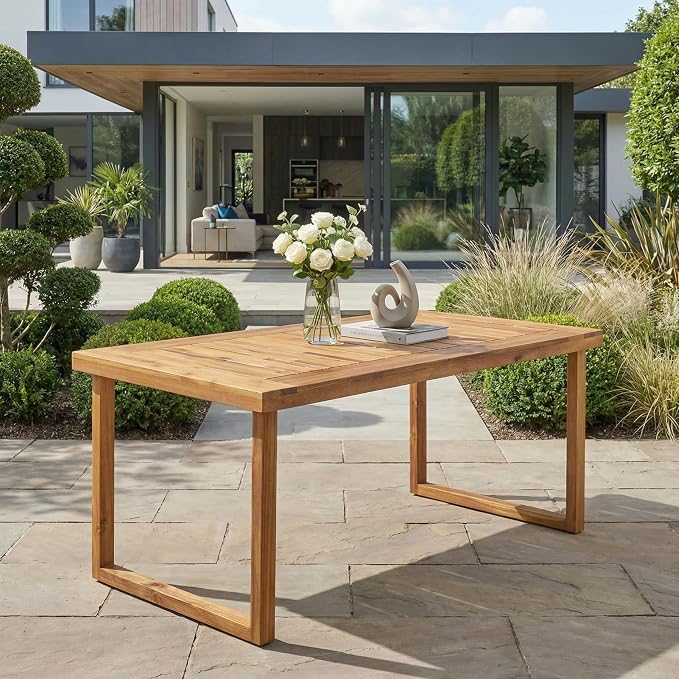 Merax 69" Outdoor Acacia Wood Dining Table, Rectangular Patio Table with Slatted Surface, Sandblast Natural Finish