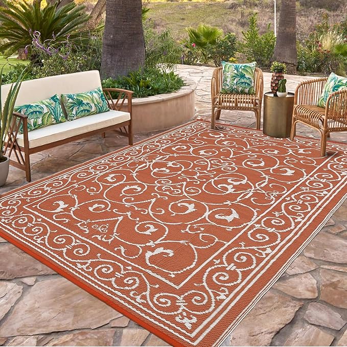 Garvee 9x12 Outdoor Rug for Patio Plastic Straw Rug Waterproof Reversible Mat Lightweight Foldable Carpet Easy Clean Large Rugs for Patio Porch Backyard Camping RV Beach Balcony Deck Vintage Orange