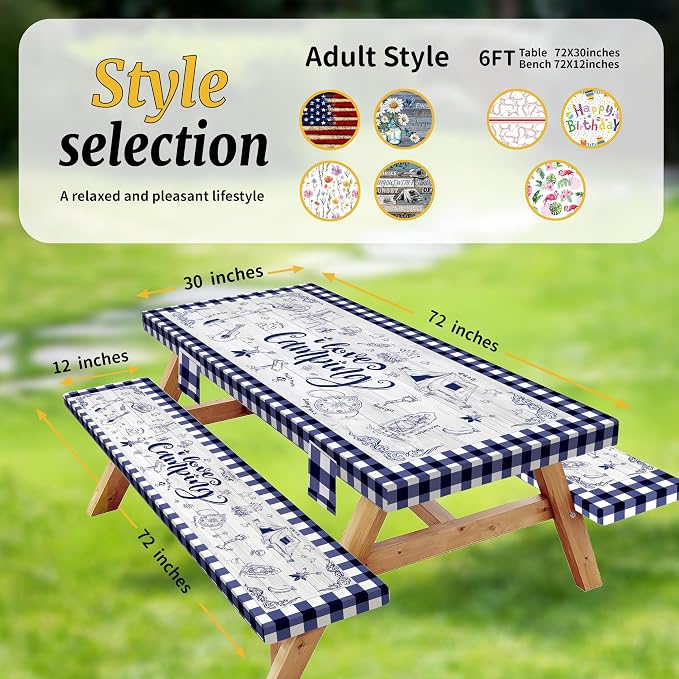 Picnic Table Cover with Bench Covers Elastic,Fitted Table Cloths for Rectangle Tables 6 Foot Washable,Waterproof Tablecloth for Outdoor Camping Essentials (Blue Checked, 6 Foot)
