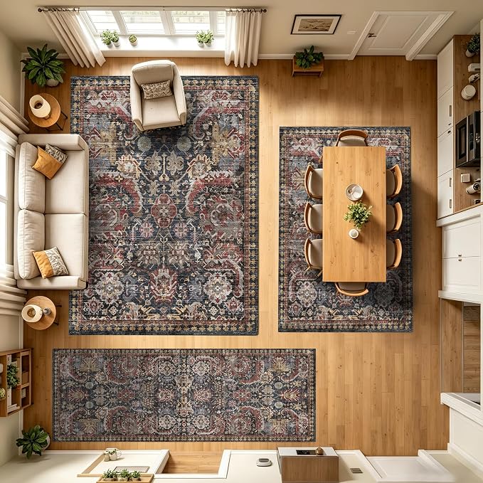 Washable Area Rugs - Perfect for Living Room, Bedroom, Kids Room, Nursery - Stain & Water Resistant Non-Slip, Pet & Child Friendly, Vintage Tribal Area Rugs (Rust, 5' x 7')