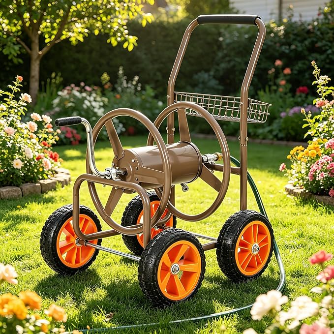 2026 Upgraded Hose Reel Cart with 10" NO-FLAT TIRES, Heavy Duty Industrial Tangle-Free Garden Water Hose Reel with Storage Basket, Holds 250 ft of 5/8" Hose, Heavy-Duty Steel Frame for Lawn Yard