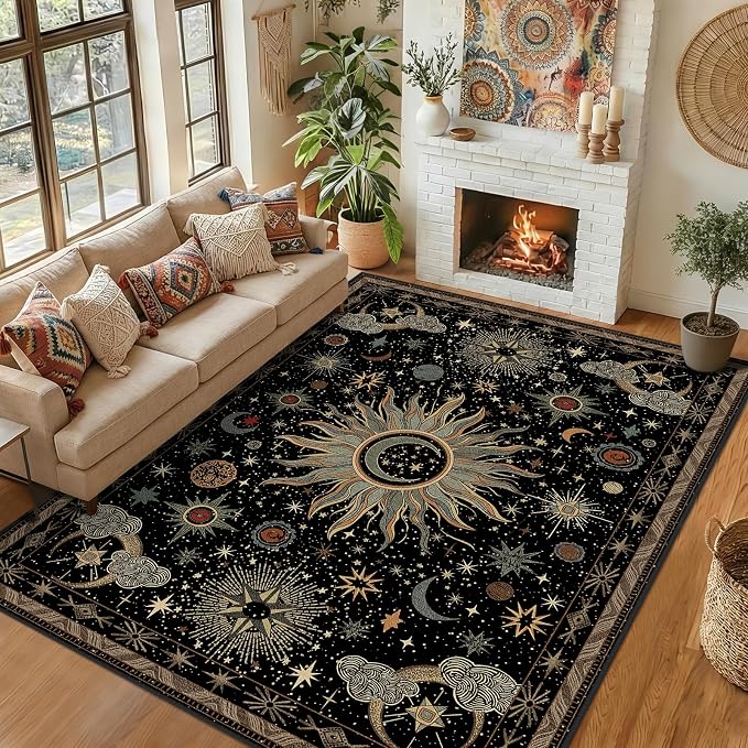 Vacuum-Friendly, 8x10 Washable Area Rug, Black Green Beige | Sun and Moon Boho Gothic Non-Slip Low Pile Living Roon Bedroom Dining Room Kitchen Entry Entryway Entrance Hallway Doormat