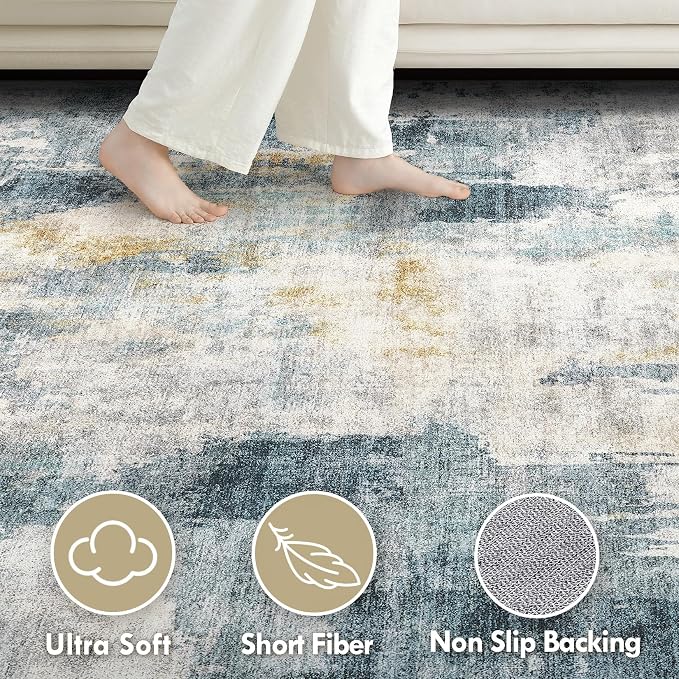 Tortania Washable 5x7 Area Rug for Living Room: Modern Abstract Neutral Large Soft Thin Rugs - Non Slip Indoor Carpet for Bedroom Dining Room Office Nursery Home Floor Decoration - Blue