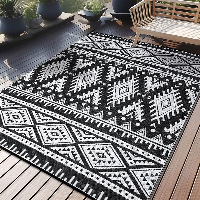 OLANLY Outdoor Rug Waterproof 9x18 ft, Reversible Outdoor Plastic Straw Rug, Boho Patio Rug, Indoor Outdoor Carpet, RV Mat Outside for Patio, Camp, Picnic, Balcony, Deck, Backyard, Black & White