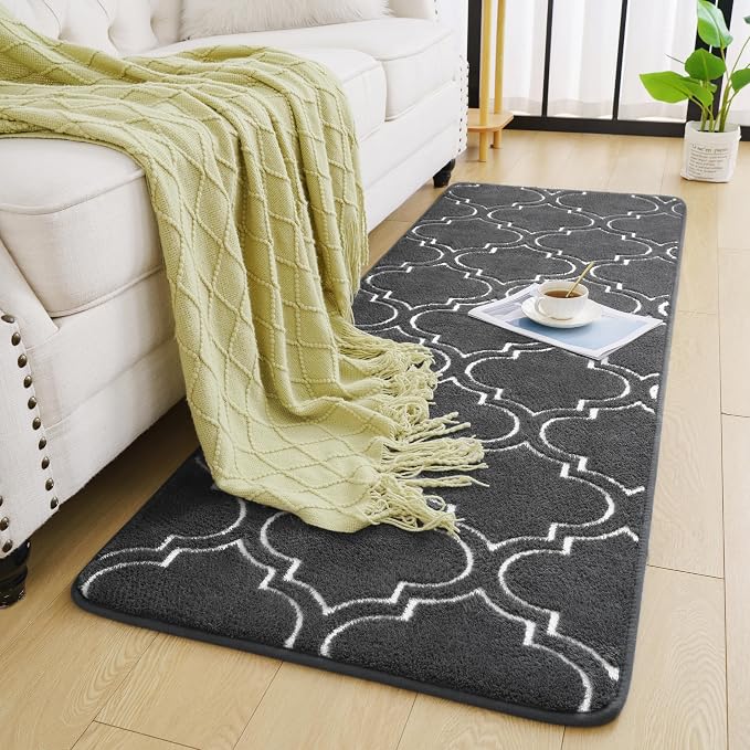 Chicrug 2x6 Shag Geometric Modern Runner Rug for Bedroom Hallway | Memory Foam Indoor Runner Carpet, Fluffy Rug for Living Room Bedside Room for Family, Dark Grey and White