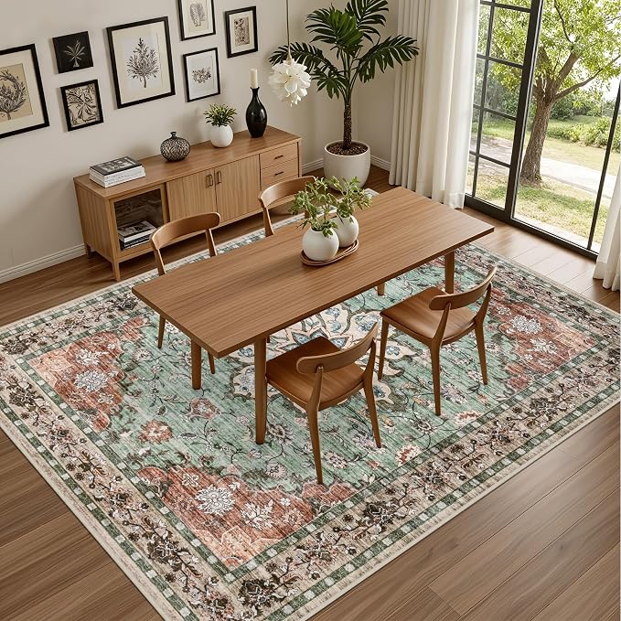 3x5 Area Rugs Living Room: Washable Rug for Bedroom Brown Green | Boho No Slip Stain Resistant Rug Soft Indoor Decor Floor Floral 3x5 Area Rugs for Dining Room, Nursery, Hallway, Home Office