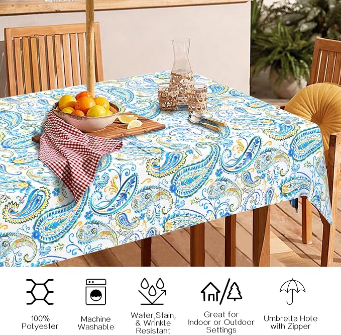 Outdoor Tablecloth with Umbrella Hole and Zipper, Rectangle Patio Table Covers for Spring/Summer, Machine Washable Outdoor Picnic Table Cloth (Paisley, 60" × 84" Rectangular)