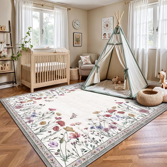 5x7 Area Rugs, Rugs for Bedroom, Indoor Non-Slip Washable Rug for Living Room, Dining Room, Low Pile Home Decor Floral Rug(Classic Beige)