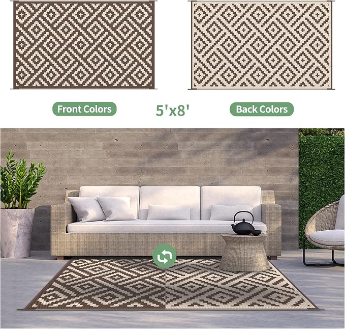 GENIMO 5'x8' Outdoor Rug Waterproof, Reversible Mats, Outdoor Area Rug, Plastic Outside Carpet, Geometric Rv Mat for Patio Camping Rv Picnic Backyard Deck Balcony Porch Beach Trailer (Coffee&Beige)