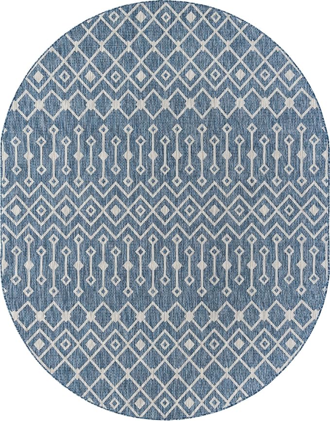 Unique Loom Outdoor Trellis Collection Area Rug - Tribal Trellis (7' 10" x 10' Oval, Blue/ Ivory)