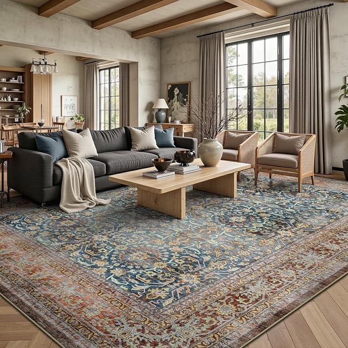 8x10 Area Rugs for Living Room - Washable Vintage Retro Large Rug, Soft Ultra Thin Non Slip Low Pile Distressed Boho Traditional Carpet for Bedroom Dining Room Home Office, Rust Clay