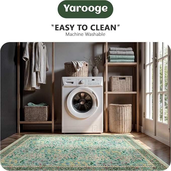 6x9 Area Rugs, Washable Floral Area Rugs for Living Room, Indoor Area Rug for Bedroom, Dining Room, Low Pile Non-Slip Non Shedding Rug(Green Floral)
