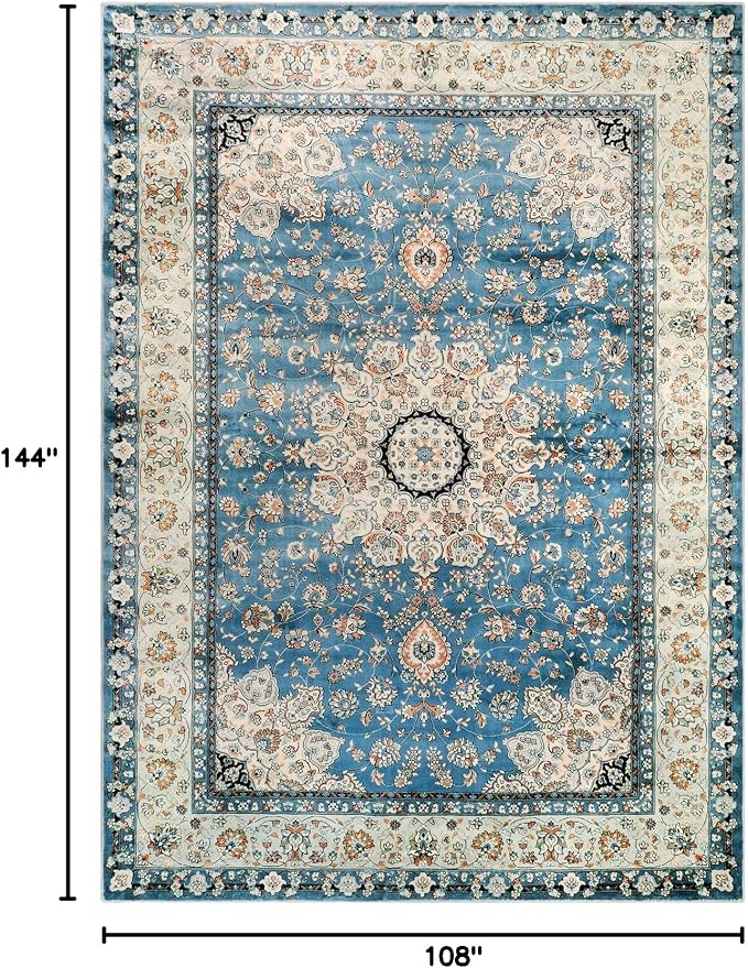 Lahome Felice Oriental Floral Medallion Area Rug - 9x12 Large Rugs for Living Room Soft Rugs for Bedroom, Printed Non Slip Non Shedding Dining Room Carpet for Nursery Playroom Home Decor, Blue