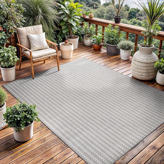 Washable Outdoor Rug 10x14 Modern Area Rugs Outdoor Carpets Striped Pattern Non Shedding Waterproof Easy Clean Patio Deck Porch Living Room Bedroom Garden RV (10 X 14 Gray)