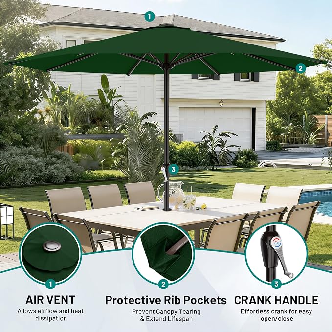 AreShark 12 FT Patio Umbrella for Outdoor, Outdoor Table Umbrella with Push Button Tilt and Crank, Outdoor Patio Umbrellas with 8 Sturdy Ribs, Patio Umbrellas for Market, Garden, Pool (Dark Green)