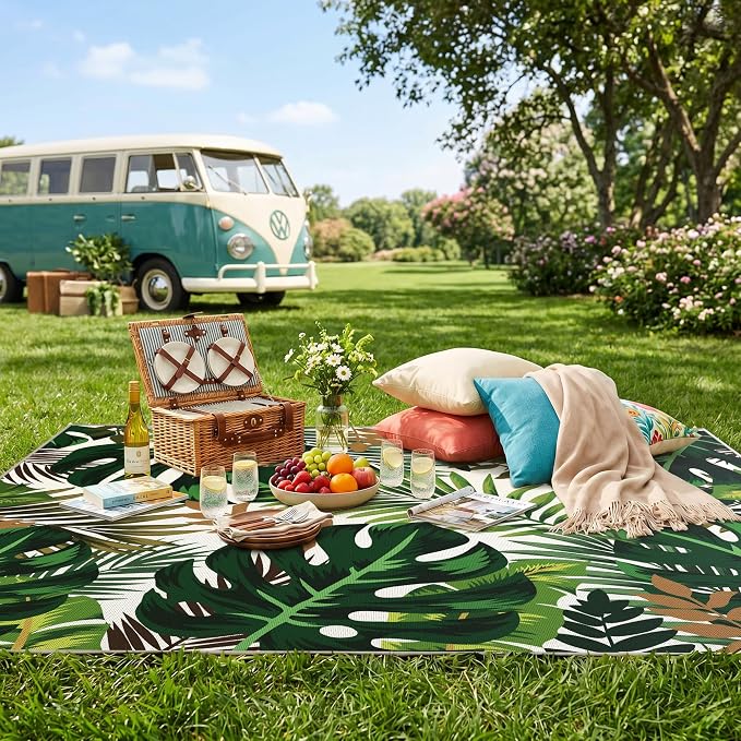 Arenarug 8x10 Monstera Tropical Outdoor Rug – Waterproof Non-Slip Machine Washable Patio Rug, UV & Stain Resistant Outdoor Carpet for Patio Deck Balcony Backyard, Green