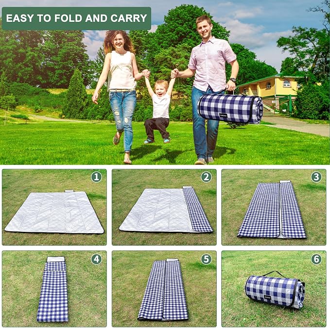 ZUBOND 80''x100'' Extra Large Picnic Beach Blankets Waterproof Sandproof Foldable, Machine Washable Simple Stylish Gingham Outdoor Blankets Grass Lawn Park for Family Camping Party
