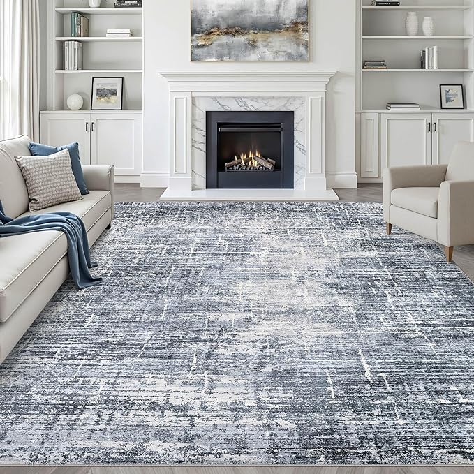 LOONGRUG 9x12 Area Rug Washable Neutral Modern Living Room Rug Navy Blue | Abstract Soft Stain Resistant Indoor Non-Slip Carpet for Bedroom Nursery Kids Office Playroom Dining Room