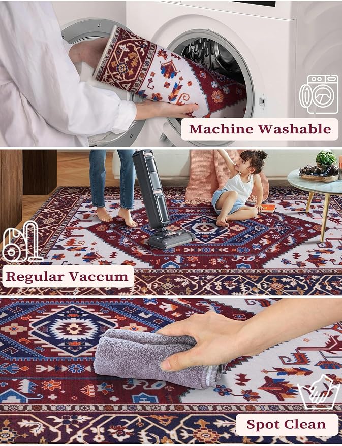 SERISSA 2'6"x8' Washable Non Slip Boho Runner Rug for Hallway | Ultra Soft Vintage Oriental Carpet Low-Pile Burgundy Navy Floor Carpet for Kitchen Bedroom Bathroom Laundry Room