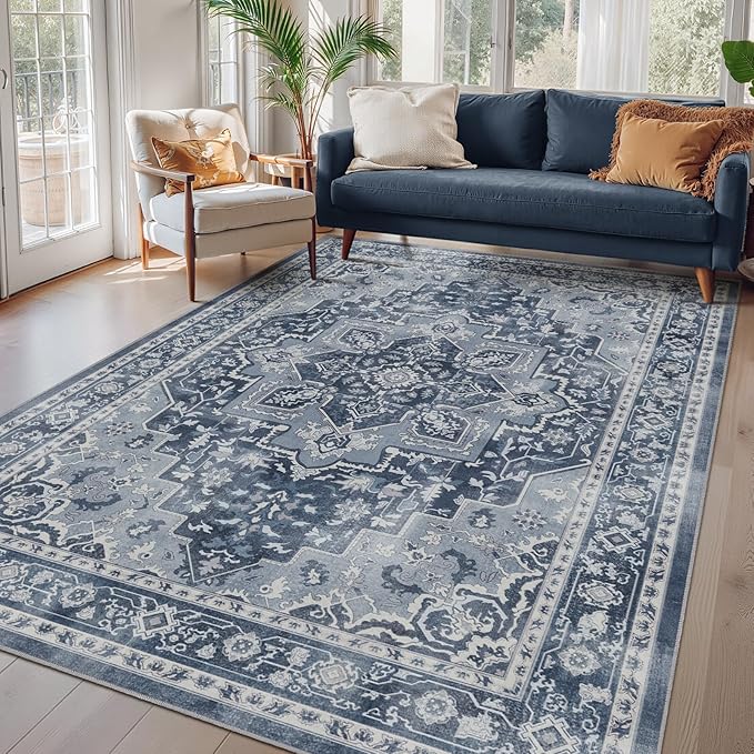 Blue Gray Living Room Rug 6x9, Washable Non Slip Transitional Medallion Rug for Dining Room Under Table, Modern Vintage Distressed Low Pile Thin Carpet Rugs for Den Bedrom Home Office